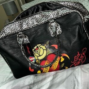 Ed Hardy Black Cheetah Print Weekender Bag